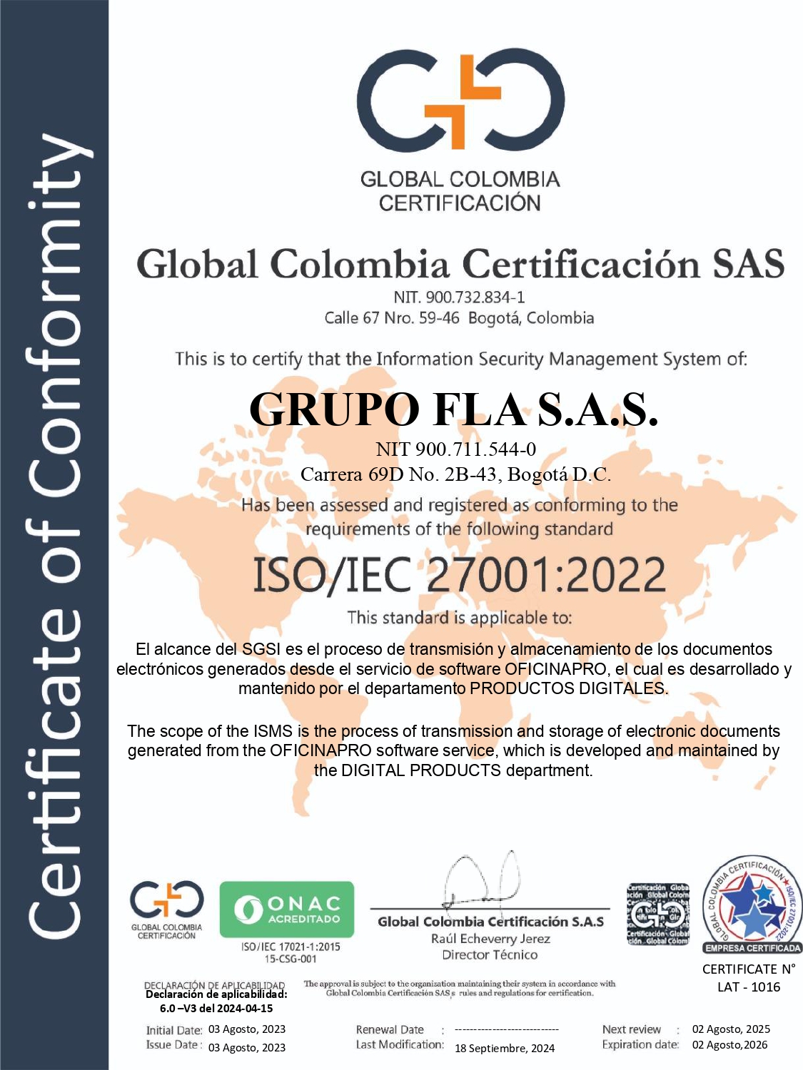Certificado ISO 27001 LAT-1016 otorgado a Grupo FLA SAS